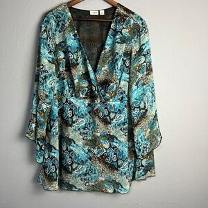 Cato Woman Babydoll Paisley Blouse Sheer Long Sleeve Top Flowy Blue Brown 26/28W